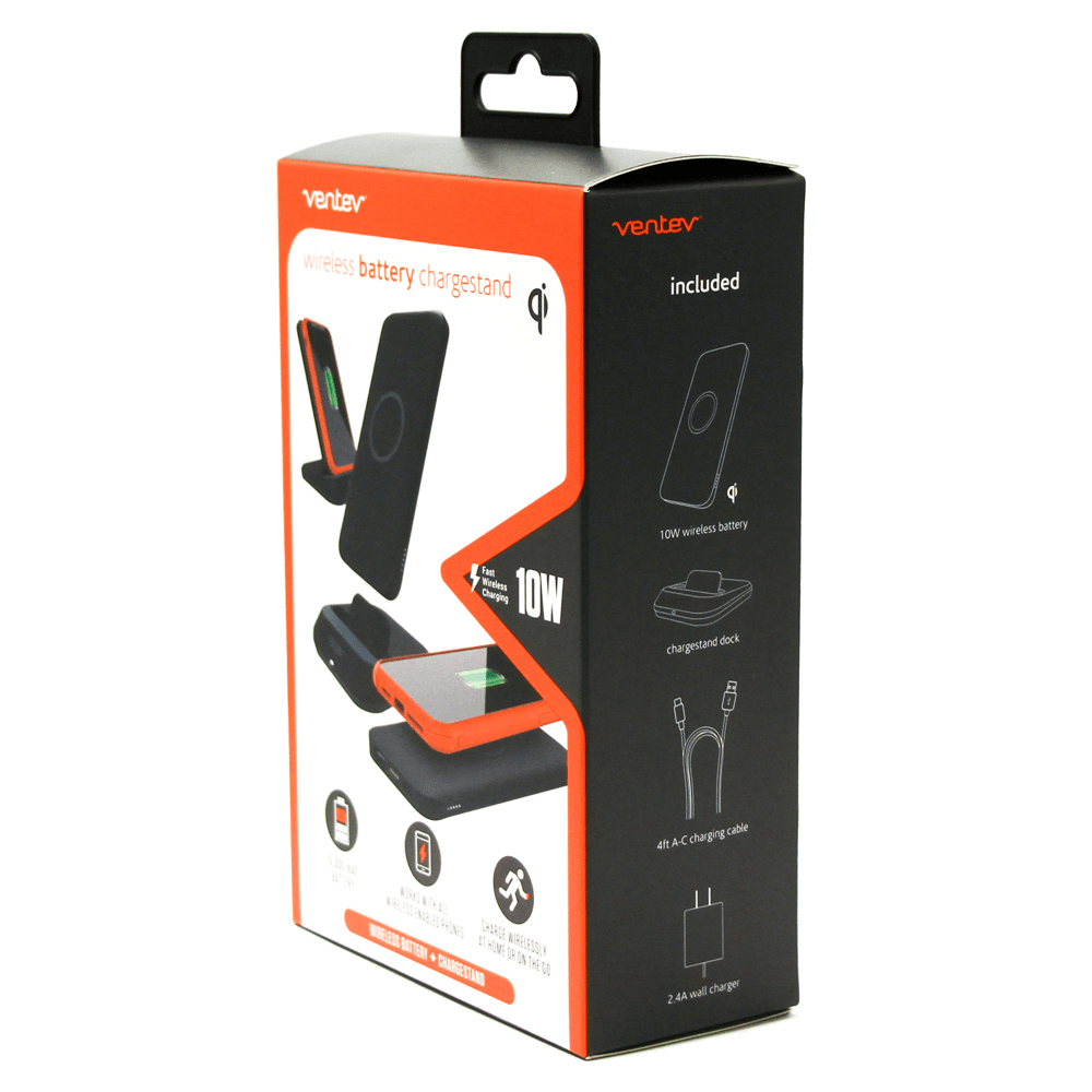 Ventev 10W ULTRAFAST 2 in 1 Charge Stand and 10k mAh Portable Battery-Black by Ventev